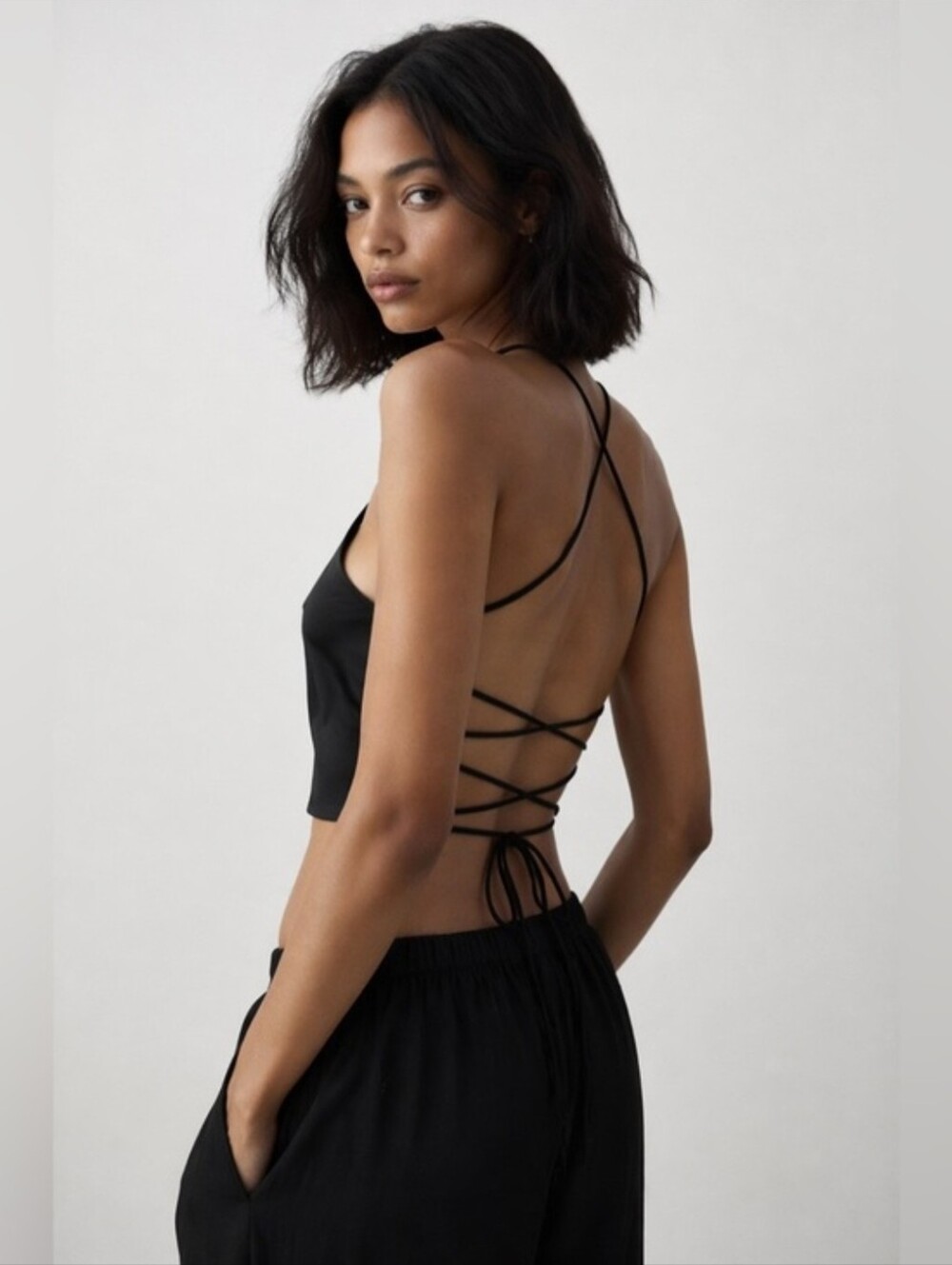 Zara Satin Lace Up Back Crop Top